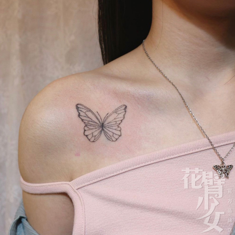 花臂少女tattoo 298  2020新品纹身贴黑白蝴蝶胸前锁骨性感小清新
