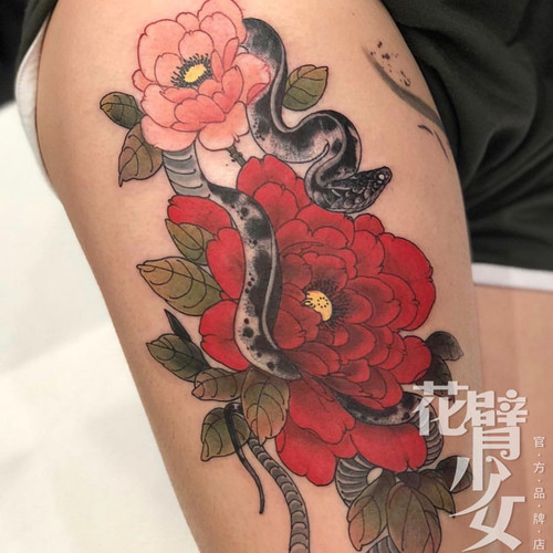 花臂少女TATTOO D19 X62 日系浮世绘牡丹花朵红花绿叶黑蛇纹身贴