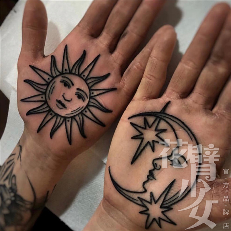 花臂少女tattoo x314 暗黑风黑白太阳月亮线条手心手背纹身贴刺青