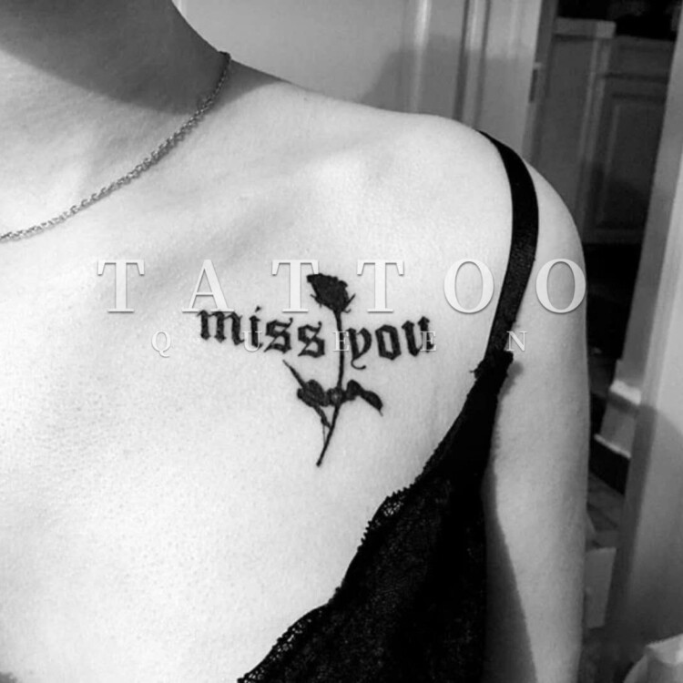 花臂少女tattoo s111 暗黑玫瑰字母miss you纹身贴 一张两个