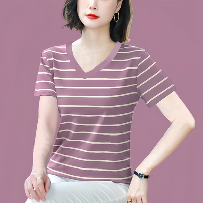 纯棉短袖t恤女洋气大码女装2025夏装新款条纹显瘦遮肚子V领上衣服