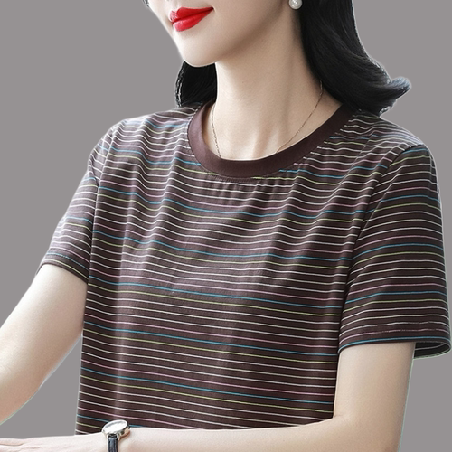 纯棉短袖t恤女宽松显瘦上衣2026年夏季新款中年妈妈半袖条纹小衫