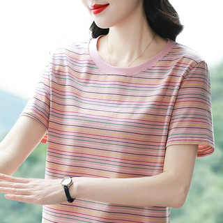 纯棉条纹短袖T恤女装2026新款夏装中老年妈妈大码宽松正肩上衣服