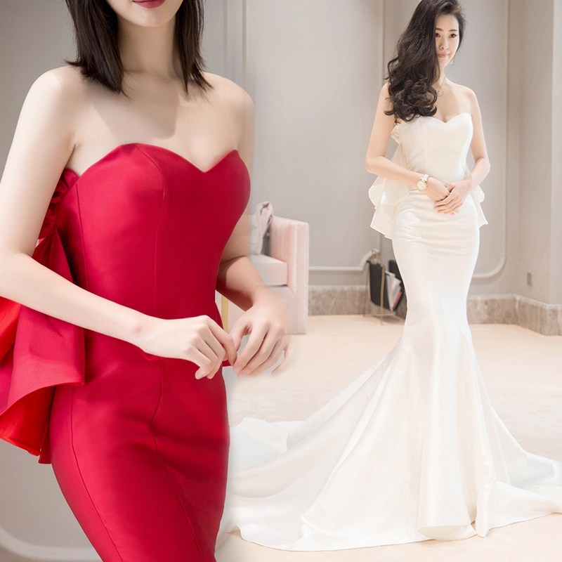 红色礼服鱼尾小拖尾白色旅拍抹胸缎面婚纱敬酒服年会主持人晚礼服