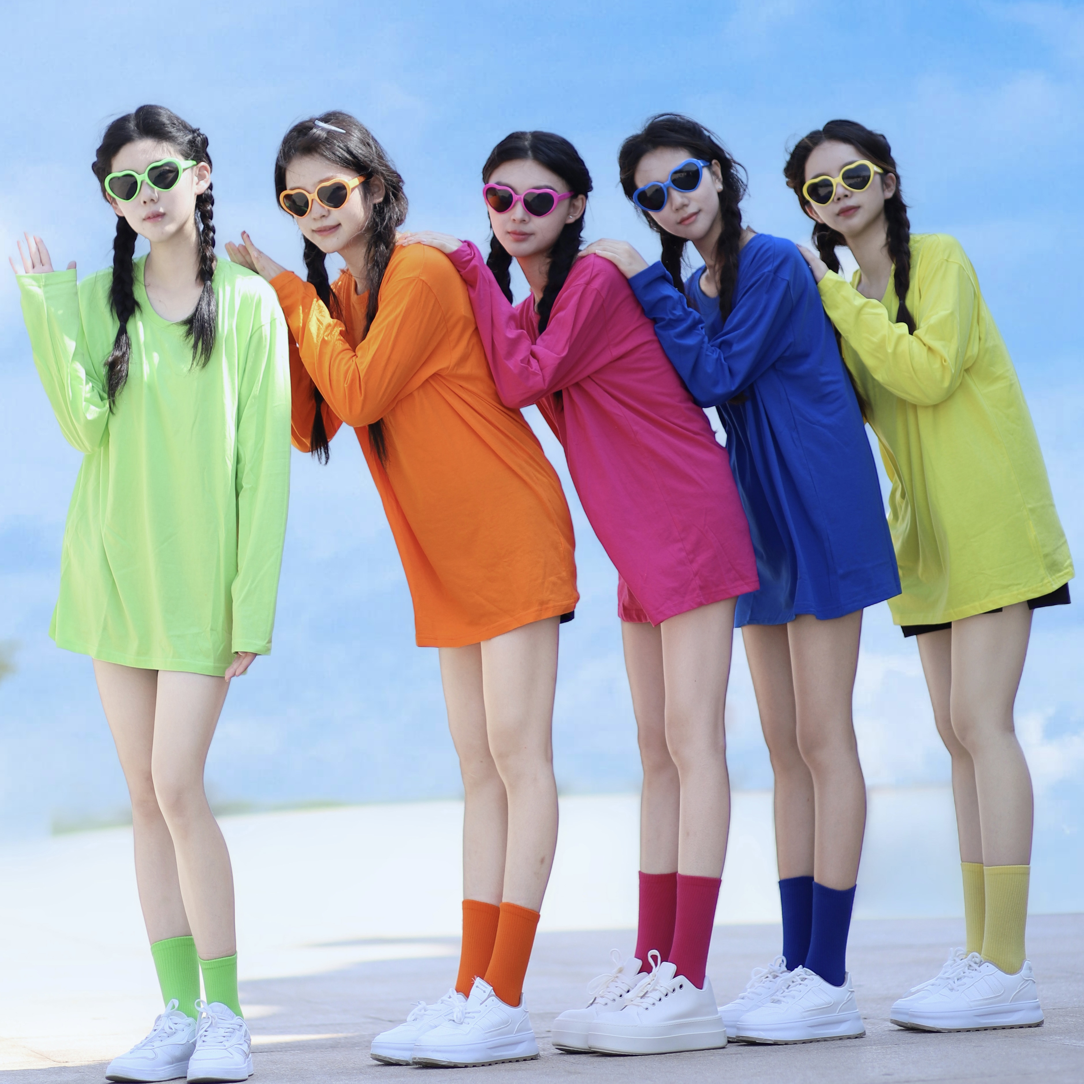 春秋纯色彩色沙雕姐妹聚会伴娘长袖闺蜜装纯棉t恤打底衫男女班服