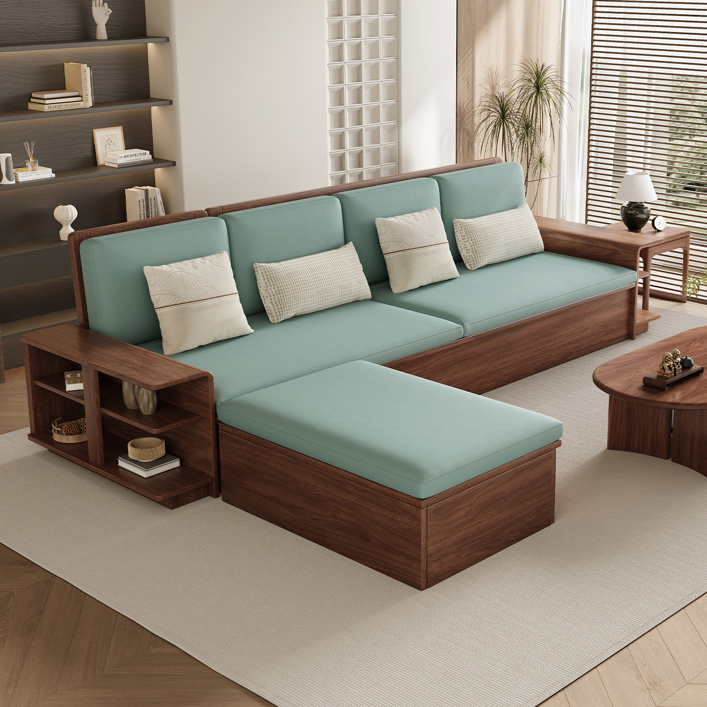 黑胡桃木实木沙发组合1+2+3客厅冬夏两用新中式转角贵妃储物家具