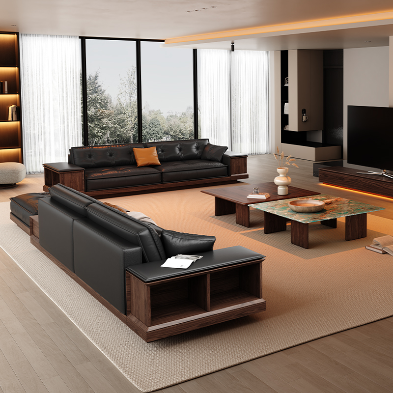 黑胡桃木直排实木沙发轻奢真皮时尚简约大小户型休闲别墅客厅家具