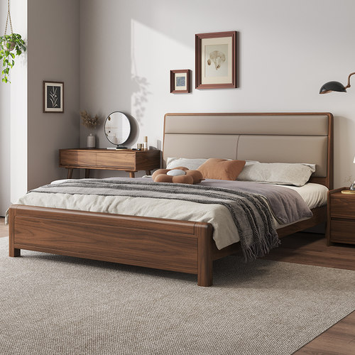 新中式黑胡桃木实木床皮靠家具