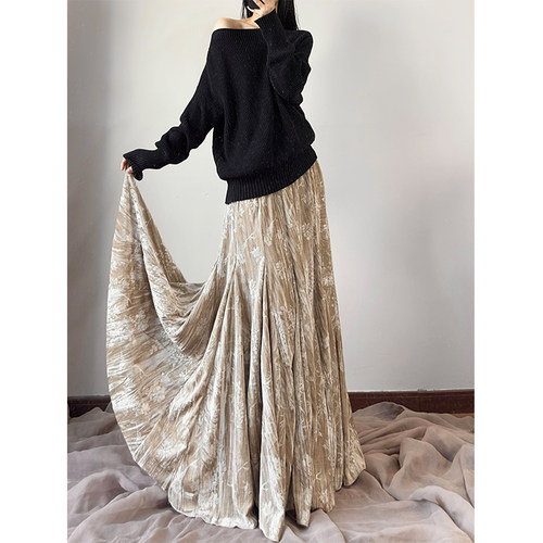 新中式大摆金丝绒步步生莲鱼尾裙