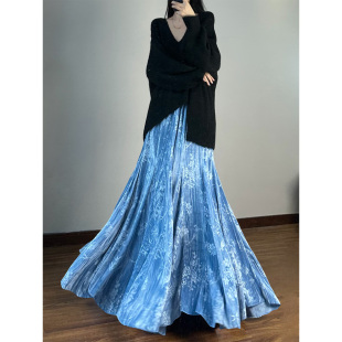 170高个子长款 国风印花鱼尾裙 到脚踝半身裙子 金丝绒新中式 剪变