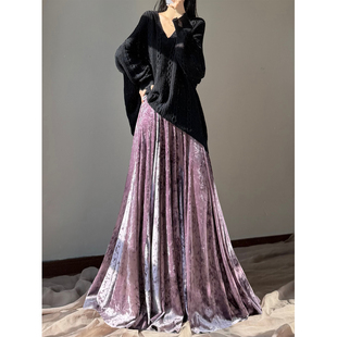 剪变复古紫色丝绒半身裙 流光色金丝绒气质长裙 梨形身材遮胯冬裙