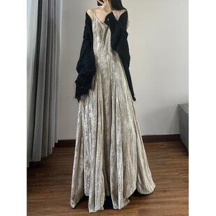 宽松v领丝绒印花吊带裙垂坠感连衣裙女无袖背心裙超长到脚踝长裙