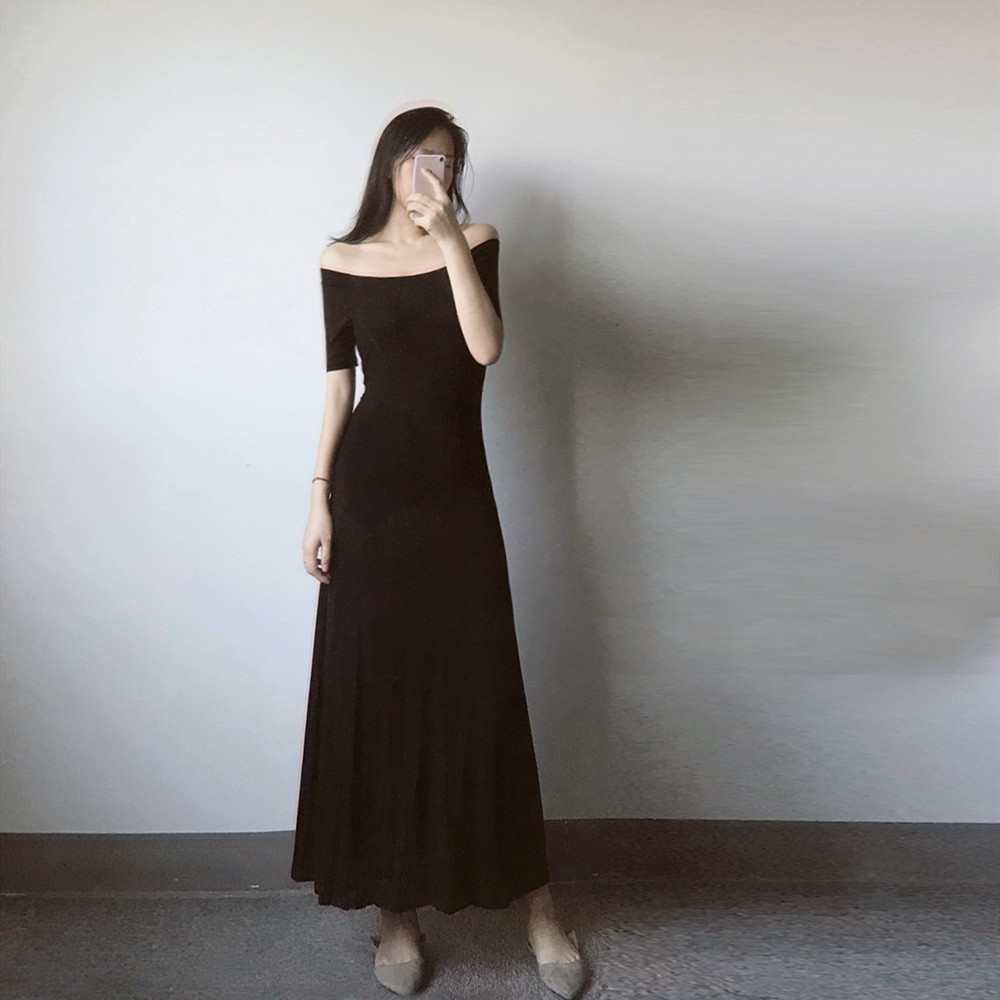 露肩性感锁骨一字肩裙子女春夏纸片人平肩连衣裙莫代尔棉拖地长裙
