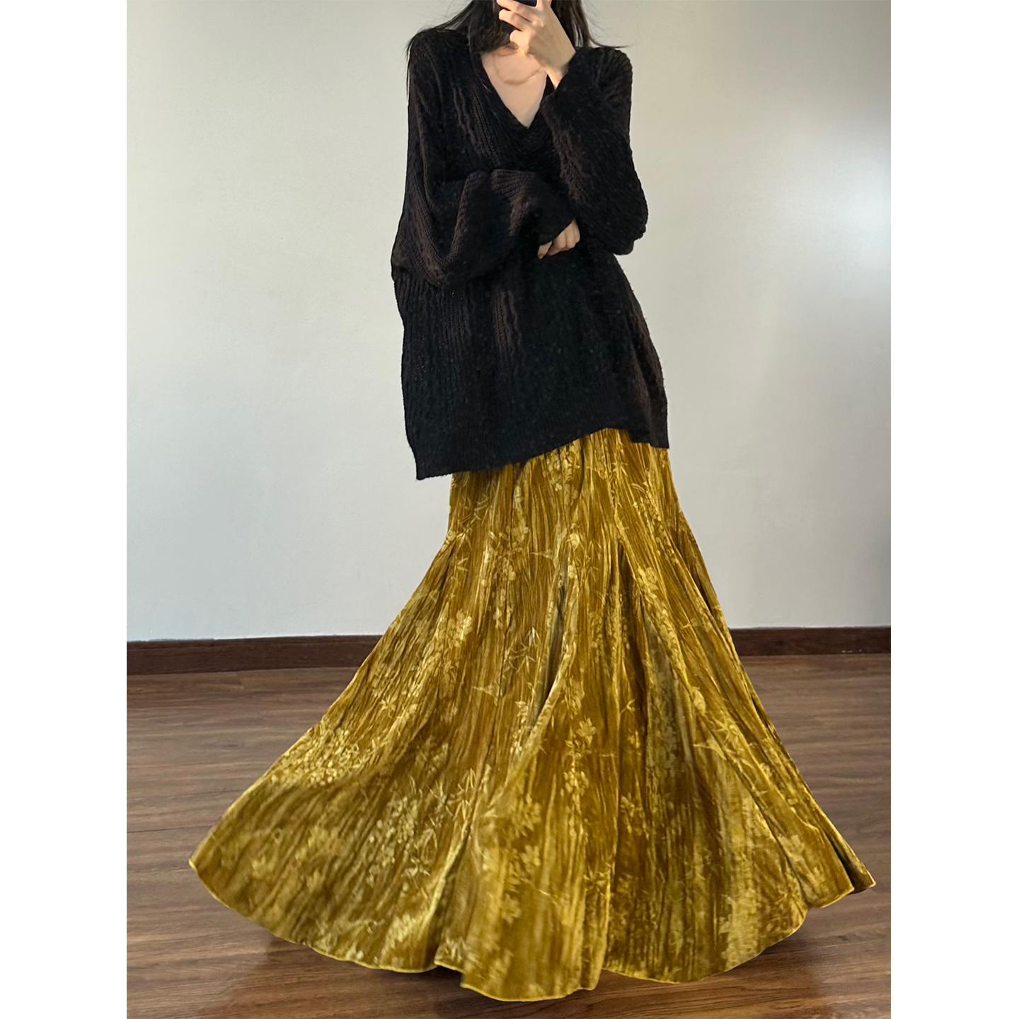 剪变老钱风丝绒半身裙国风鱼尾裙