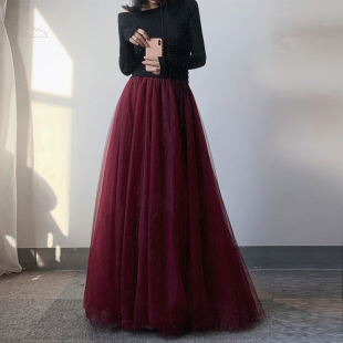 到脚踝长裙子 红色雪纺蓬蓬裙纱裙 多层重工超仙网纱半身裙 女夏季