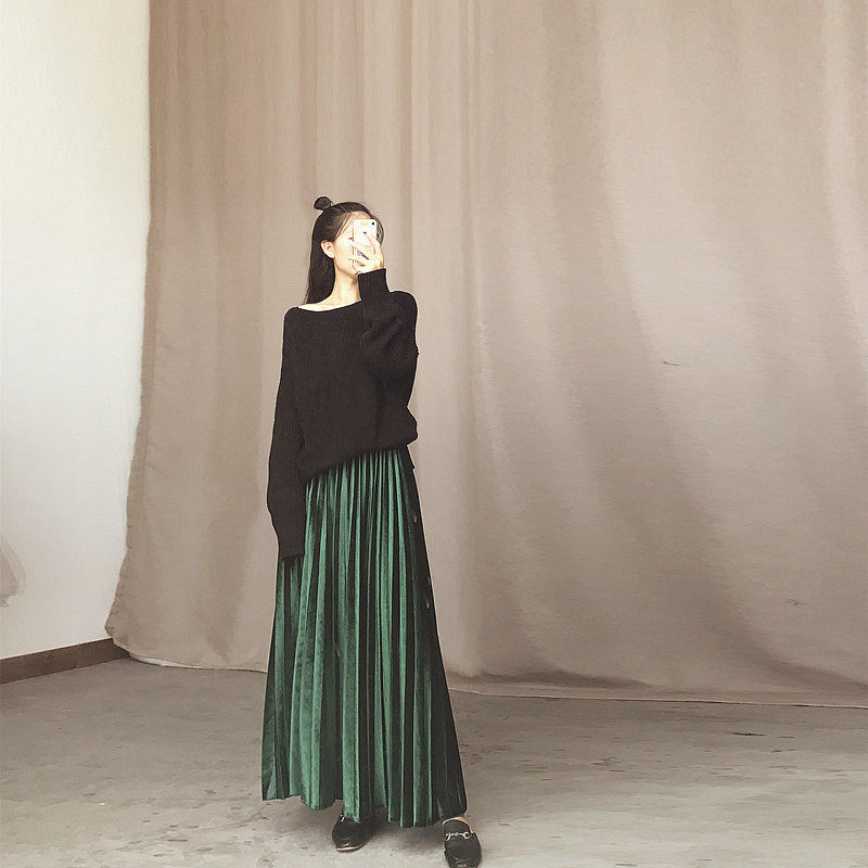 到脚踝金丝绒半身裙女秋冬大摆加厚绒面百褶裙超长款拖地丝绒长裙