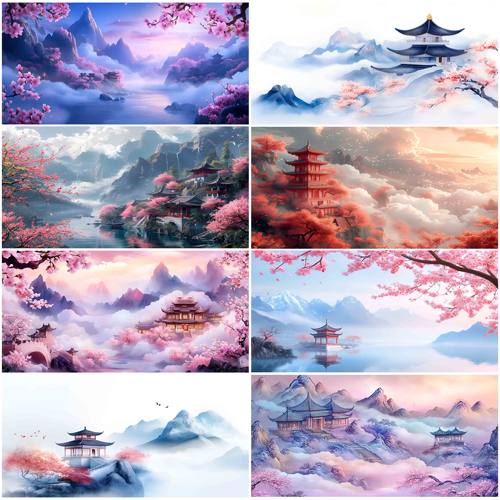 鱼缸背景贴纸国风唯美装饰壁画