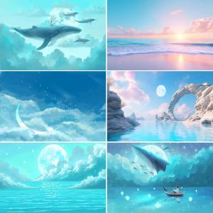 鱼缸背景贴画梦幻海洋天空海景壁画定制水族箱海洋造景装饰贴自粘