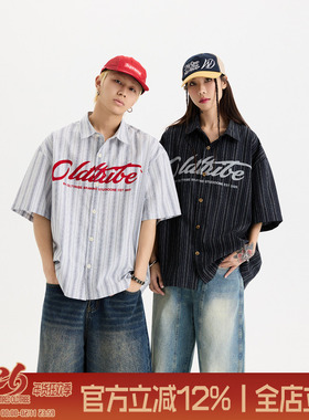 陈少熙同款TIRED美式棉麻Boxy短袖衬衫夏情侣宽松大码五分袖衬衣