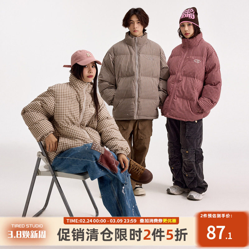 TIRED国潮格子运动棉衣冬季新款情侣学院风加厚外套保暖百搭棉服