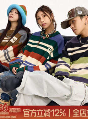 TIRED美式潮牌条纹针织衫秋冬季新款撞色条纹毛衣情侣套头衫上衣