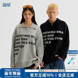 TIRED美式 boxy休闲上衣 复古半拉链POLO领字母毛衣秋冬情侣针织衫
