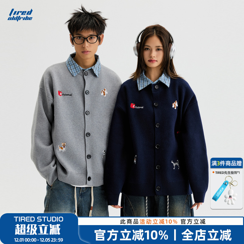 TIRED美式刺绣格子拼接开衫毛衣