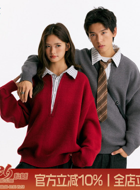 TIRED美式简约假两件套头针织衫秋冬新款情侣宽松POLO衬衫领毛衣