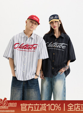 陈少熙同款TIRED美式棉麻Boxy短袖衬衫夏情侣宽松大码五分袖衬衣