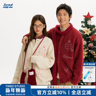 慵懒风针织衫 TIRED美式 情侣款 毛衣秋冬季 外套潮 复古圣诞针织开衫