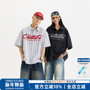 TIRED美式 五分袖 棉麻Boxy短袖 夏情侣宽松大码 衬衣 衬衫 陈少熙同款