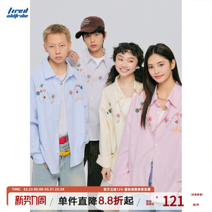情侣款 TIRED美式 春季 衬衫 宽松衬衣休闲上衣外套 复古花卉刺绣长袖