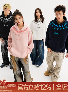 TIRED设计感印花连帽卫衣情侣款oversize加绒套头衫长袖休闲上衣