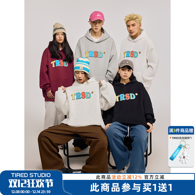 TIRED美式潮流彩色字母印花连帽卫衣春秋情侣款宽松上衣街头长袖