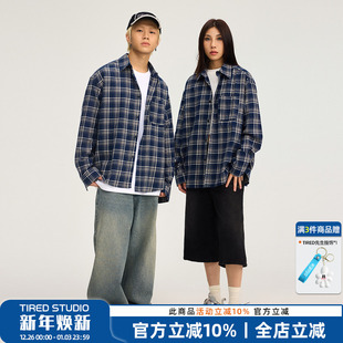TIRED基础款 初秋cleanfit穿搭衬衣街头潮流休闲上衣 磨毛格纹衬衫