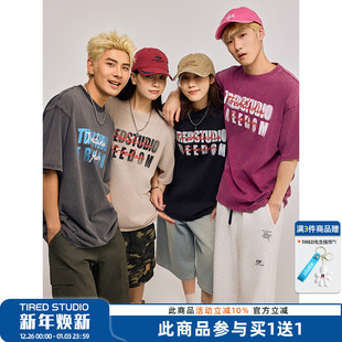 夏季 t恤男女同款 街头上衣国潮嘻哈情侣体恤 复古水洗短袖 TIRED美式