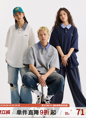 TIRED简约撞色格子拼接短袖t恤男女2025夏季新款POLO领上衣体恤衫