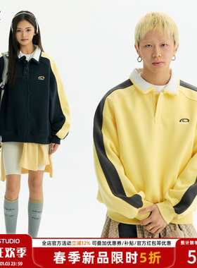 TIRED美式学院风chic拼接翻领长袖卫衣2026春季新款情侣套头上衣
