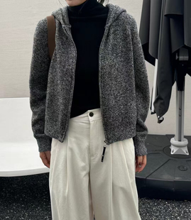 断码CMT花灰色连帽针织拉链开衫女100%绵羊毛外套上衣