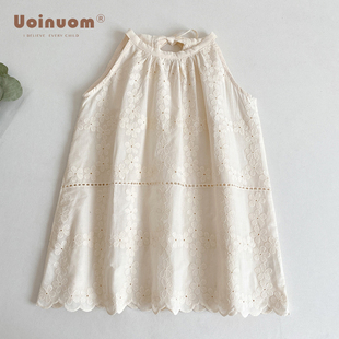 夏季女童绣花吊带裙上衣韩版公主棉布刺绣挂脖子无袖背心娃娃衫