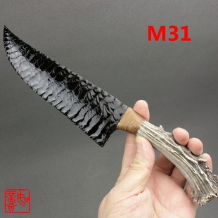 现货天然黑曜石刀红琉璃鹿角柄爪子刀手工打制石器刀龙晶石刀M31