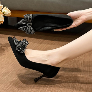 单鞋 绒面尖头蝴蝶结通勤OL职业工作鞋 女 女细跟2026春夏新款 高跟鞋