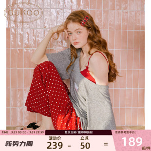 吊带 复古红一字肩棉舒适柔软女士家居服套装 Gukoo 果壳睡衣新款