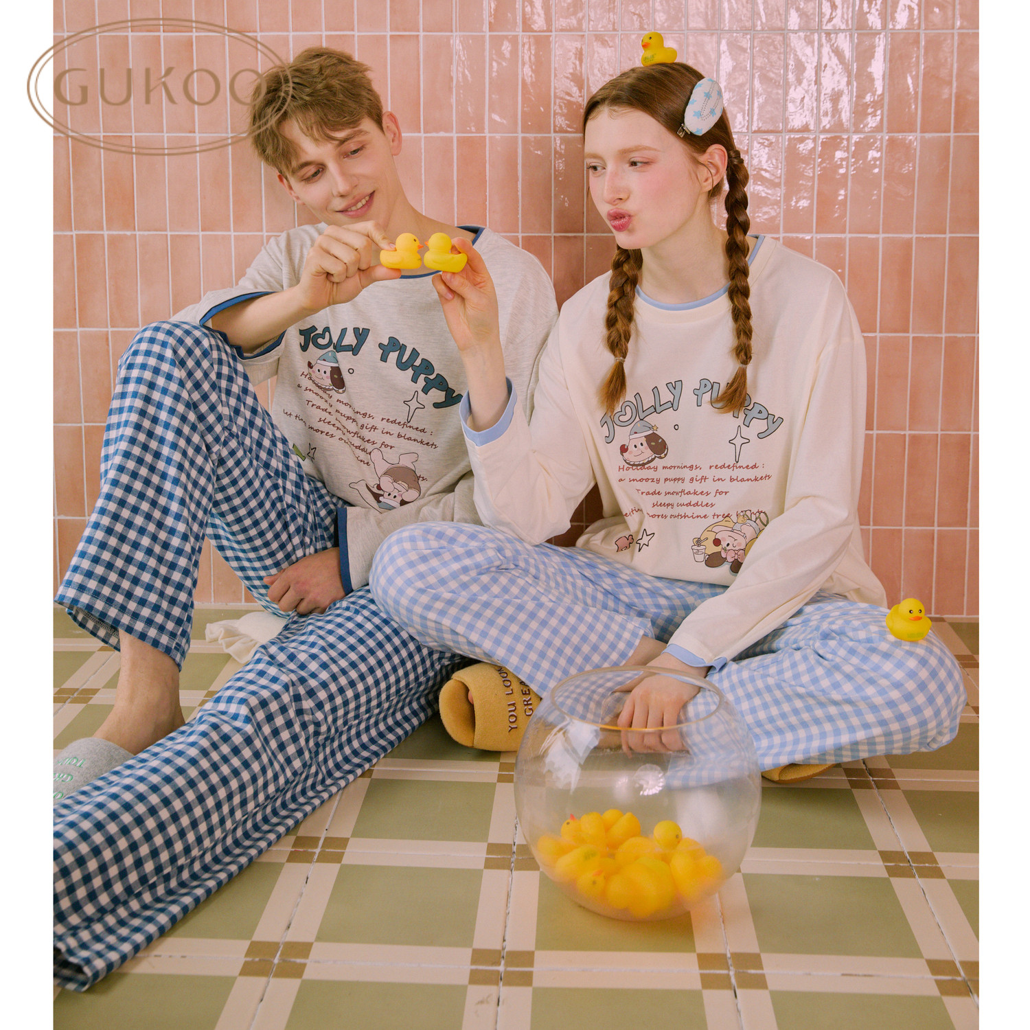 Gukoo/果壳春季圆领轰轰小狗格子裤卡通可爱纯棉居服情侣套装