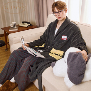 Gukoo/果壳男士珊瑚绒睡袍秋季连帽保暖可外穿家居服套装
