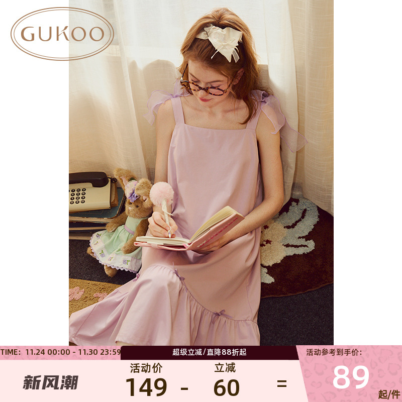 Gukoo/果壳睡裙无袖夏天纯色吊带蝴蝶结女士家居服睡裙