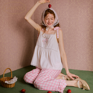 卡通甜美吊带格纹家居服套装 果壳睡衣女夏季 敬请期待