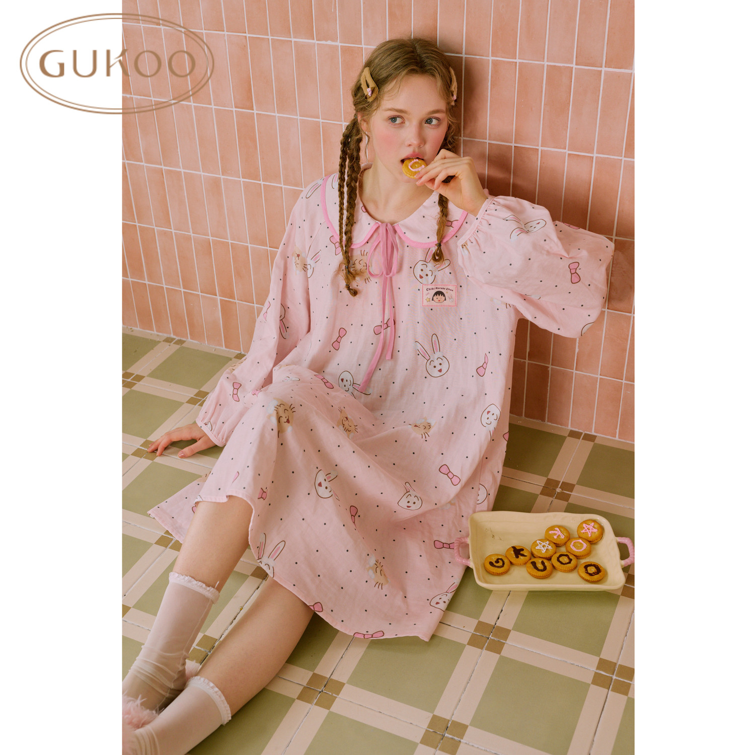 Gukoo/果壳睡衣女樱桃小丸子印花纯棉家居服睡裙可外穿舒适可外穿