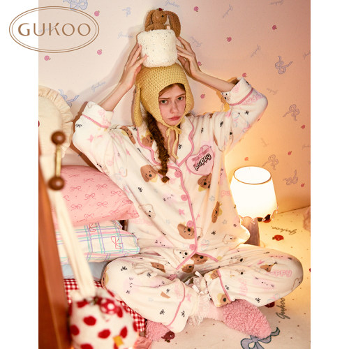 Gukoo/果壳可爱风小熊印花睡衣女冬季加绒保暖可外穿家居服套装