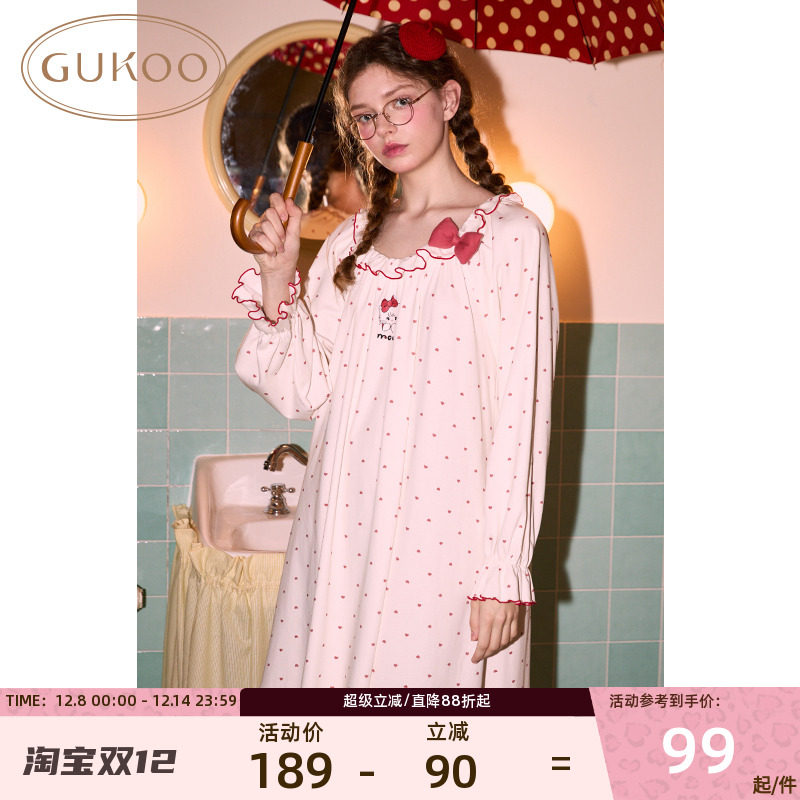 Gukoo/果壳睡裙mikko系列少女舒适波点娃娃领春秋女士家居服睡裙